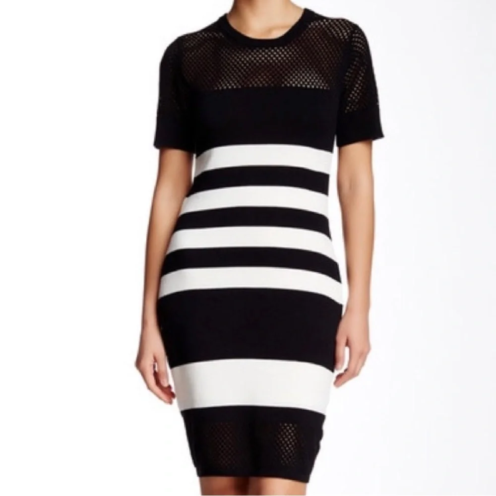 Trina Turk Striped Sheath Dress Size L Black Off White Lined